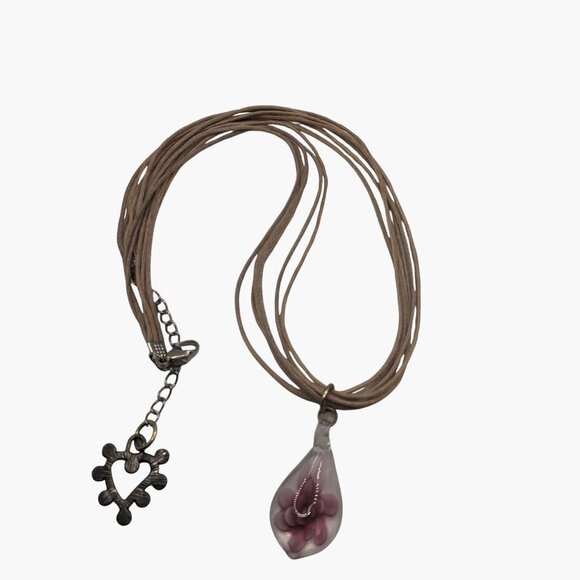 Glass Teardrop Pendant Necklace  Purple Flower Heart Adjustable - Picture 1 of 8